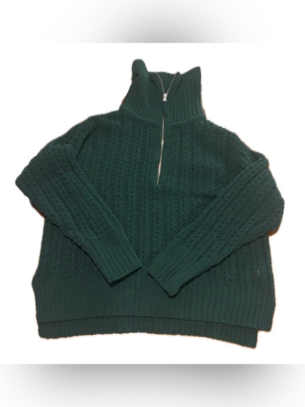 Aerie Size:M Dark Green Half-Zip Cable Knit Turtleneck Sweater